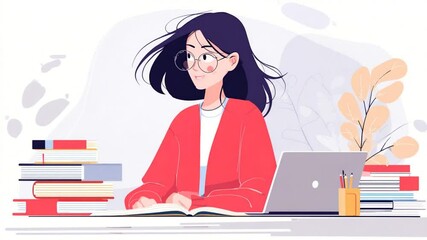 Poster - Young Woman Learning Remotely While Studying at Home Generative AI