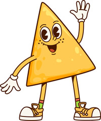 Poster - Mexican triangle nacho chip groovy cute character. Corn crispy snack funky funny personage, Mexican tortilla chip vintage groovy vector happy mascot. Mexico nacho cartoon cute character waving hand