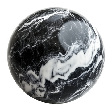 Glossy black and white marble sphere with intricate patterns on a transparent background, 3d rendering design