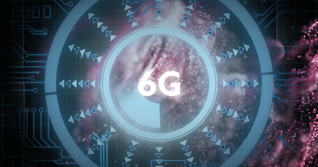 Poster - Image of 6g text over clock on glowing moving wave