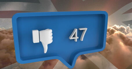 Poster - Image of speech bubble with numbers and unlike icon over clouds and flag of united kingdom