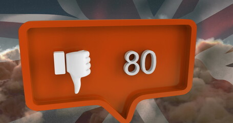 Poster - Image of speech bubble with numbers and unlike icon over clouds and flag of united kingdom