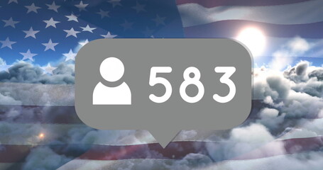 Poster - Image of speech bubble with numbers over clouds and flag of usa
