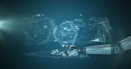 Poster - Globe of network of connections over robotic hand against mathematical equations on blue background