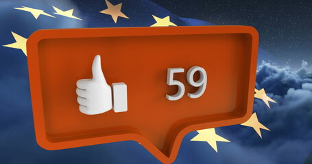 Poster - Image of speech bubble with numbers and like icon over clouds and flag of european union