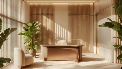 Poster - Modern Office Interior Design Sleek Wooden Desk, Comfortable Seating, and Lush Green Plants with Warm Lighting for Productive Workspace