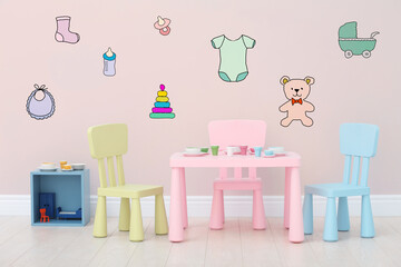 Poster - Cozy children's room with colorful furniture and cute wallpaper. Stylish playroom interior