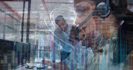 Poster - Image of statistics and data processing over business people using phone headsets