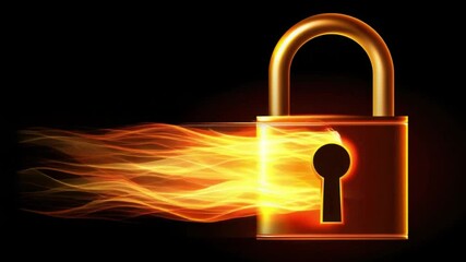 Poster - Golden Padlock with Flames Symbol of Security and Protection, Evoking Urgency and Safety in Safeguarding Valuable Information.