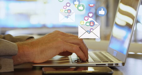 Poster - Image of emoji icons over man using laptop