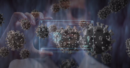 Poster - Image of covid cells over male doctor holding screen with medical data processing