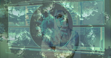 Poster - Image of covid cells over male doctor looking at screen with medical data processing