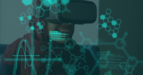 Poster - image of chemical compounds and medical data processing over woman wearing vr headset