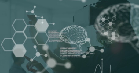 Poster - image of chemical compounds and brains over woman wearing vr headset