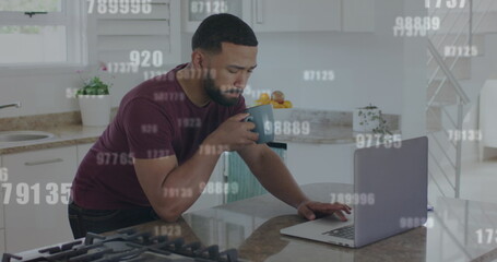Poster - Image of numbers and data processing over man using laptop