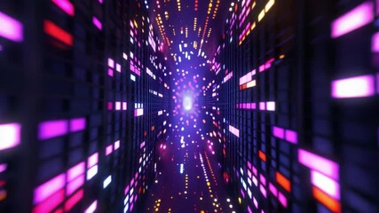 Poster - vibrant digital tunnel of colorful lights in motion, showcasing mesmerizing blend of purple, pink, a