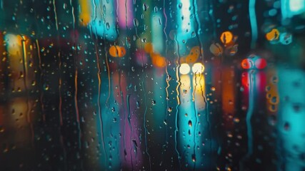 Poster - Colorful Raindrops on Window Create Blurred Urban Reflection of City Lights at Night, Evoking Calm and Serenity in Vibrant Rainy Scene