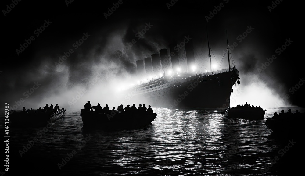 Titanic disaster at night. Silhouettes of the ship and rescue boats in ...