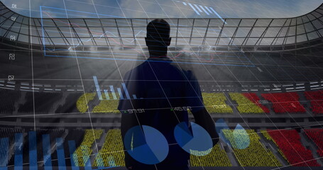 Poster - Image of graphs and data processing over rugby player holding ball at sports stadium