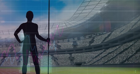 Poster - Image of graphs and data processing, with female athlete and javelin over sports stadium