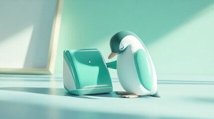 Poster - Teal penguin interacting with a teal device.