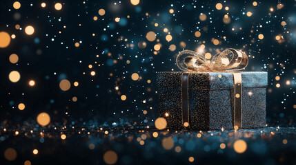 Wall Mural - sparkling gift: a sleek black gift box adorned with a shimmering golden ribbon sits on a glittering 