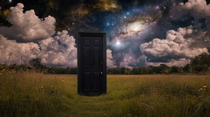 Wall Mural - mysterious dark door in a field, beneath a starry night sky.