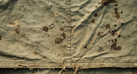 Aufkleber - Close up of a green canvas tarp with paint splatters and fraying edges