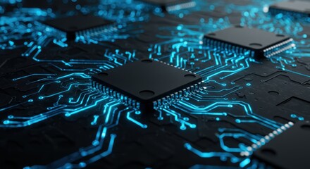 Poster - Circuit Board Technology Microchips Glowing Blue Data Transmission Network