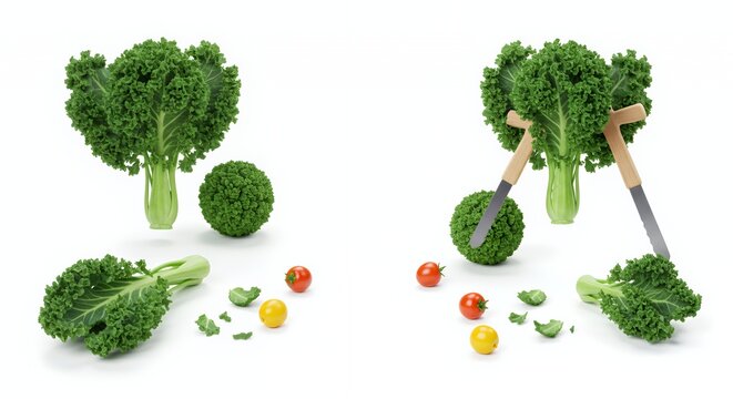 Playful 3D Render of Broccoli and Tomatoes on White Background