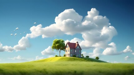 Poster - 緑豊かな丘に建つ家と青空に浮かぶ白い雲 夏の穏やかな風景画