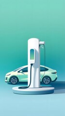Aufkleber - 白い電気自動車と充電ステーション 緑と青の背景の未来的なデザイン