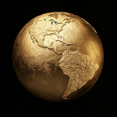 gold globe of earth depicting western hemisphere, on black background