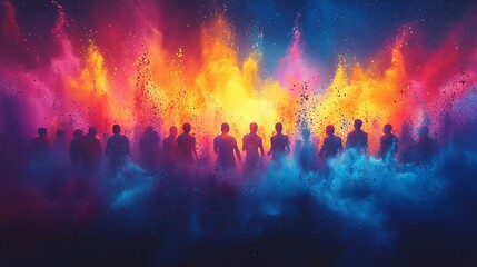 Vibrant Holi Festival Crowd Silhouettes Exploding Color Powder