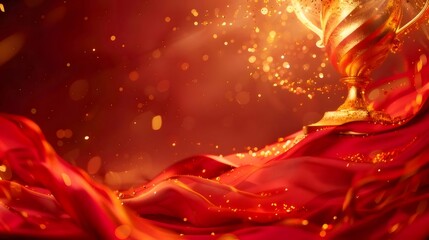 Aufkleber - Golden Trophy Over Flowing Red Cloth with Sparkling Golden Light and Bokeh Effect