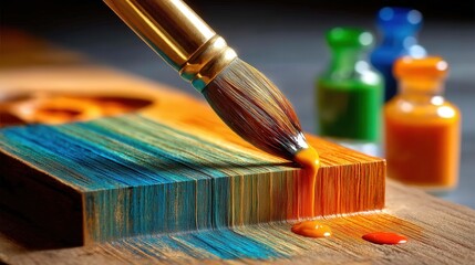Poster - Artist's hand skillfully painting on a piece of wood with a brush while focusing on intricate details and colors