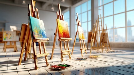 Poster - Artist's room set up for painting on a canvas with various supplies and tools organized on a table surface