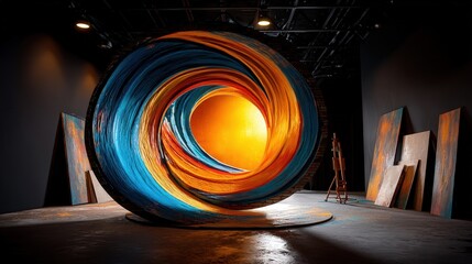 Poster - Artist creating a large circular artwork featuring vibrant abstract colors and shapes on a canvas surface