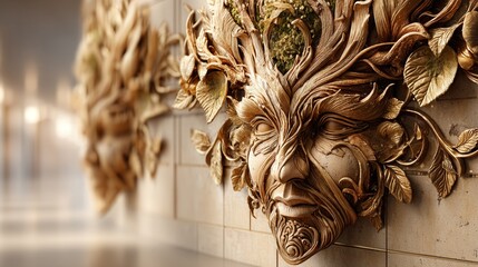 Poster - Stunning wall featuring an intricate bas-relief sculpture adorned with a bunch of colorful flowers adding vibrancy