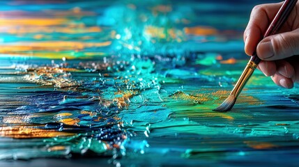 Poster - Passionate artist's hand holding a brush and painting on canvas to create a beautiful work of art with colors