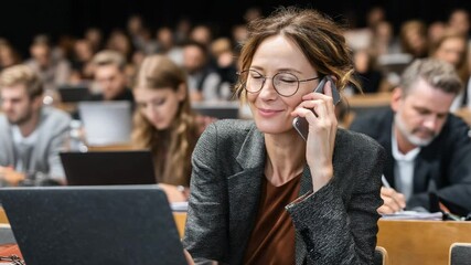 Poster - Smiling Woman on Phone Using Laptop in Conference Setting Generative AI