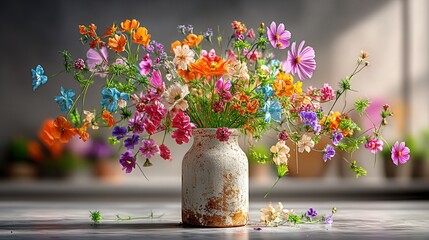 Poster - Rustic vase filled with wildflowers displayed in a simple yet elegant arrangement enhancing the natural beauty
