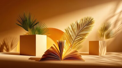 Poster - Aesthetically pleasing open book surrounded by green plants on a light-colored surface creating a calm and inviting space