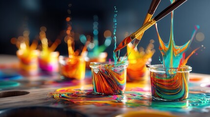 Poster - Artist engaged in the act of painting with bright colors, mixing bold acrylics to create a unique abstract artwork