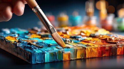 Poster - A person's hand holding a brush and skillfully painting a colorful palette for an artistic canvas creation