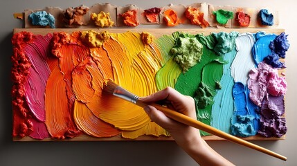 Poster - Vibrant impasto painting in progress showcasing a person holding a paintbrush and creating a colorful palette of art