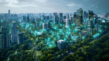 Aufkleber - 緑豊かな都市風景 輝く光と未来的な建物群 青空の下で広がるパノラマビュー