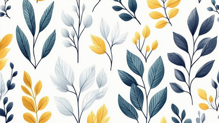 Poster - A colorful pattern of leaves and flowers. The leaves are in various shades of blue, yellow, and white. The flowers are also in different colors, creating a vibrant and lively scene