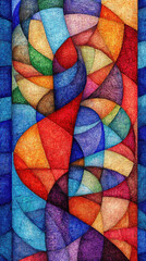 Poster - A colorful abstract painting with a blue and red swirl. The painting is full of different colors and shapes, creating a sense of movement and energy. The overall mood of the painting is vibrant