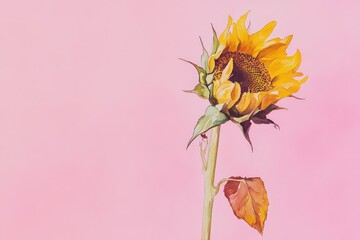Wall Mural - single sunflower against a pale pink backdrop.